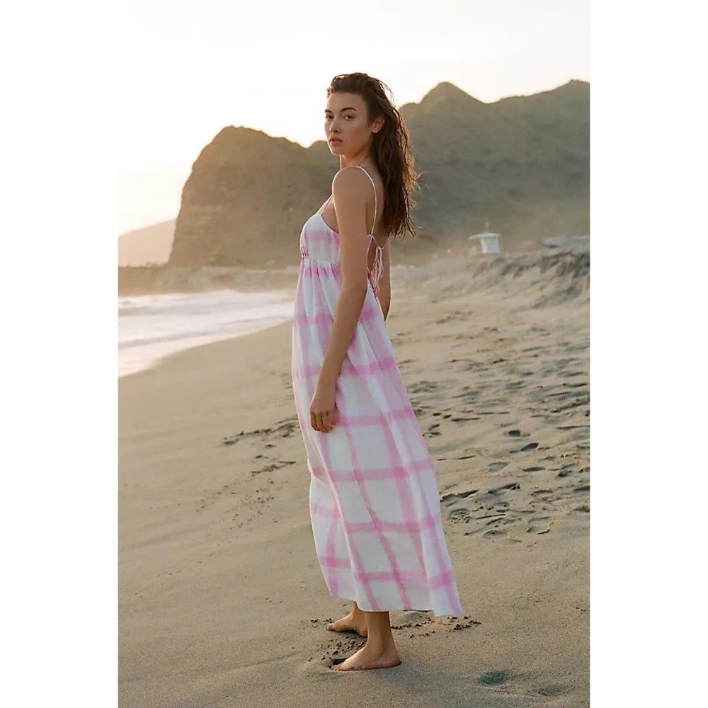Maeve Anthropologie Pink White Plaid Linen Maxi Dress Small Spaghetti Strap Tie